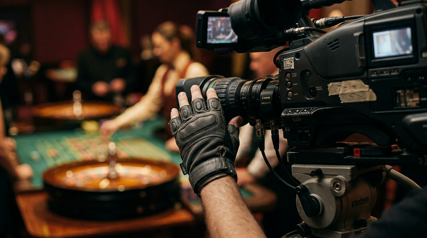 Studio operator adjusting a broadcast camera aimed at a live roulette table