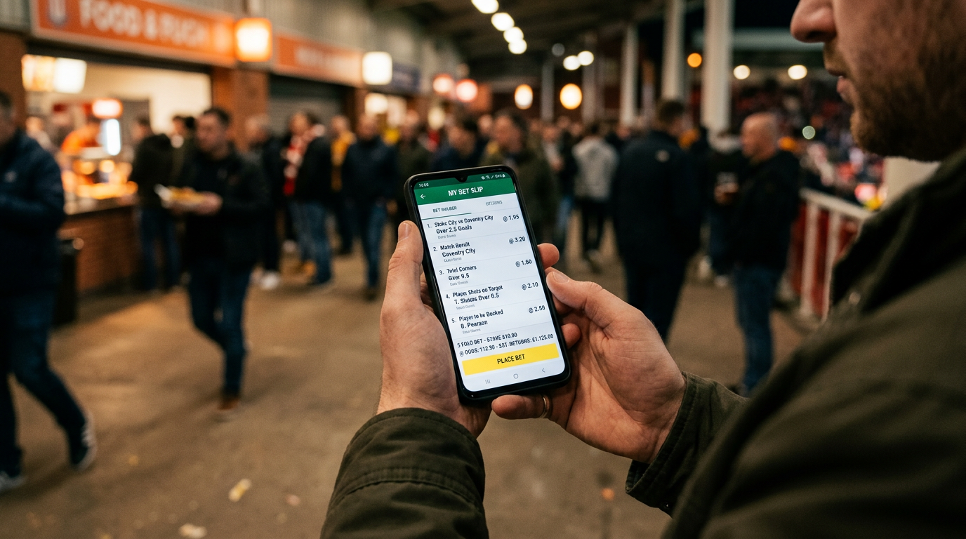 Smartphone showing a multi-leg bet-builder slip held at a stadium concourse