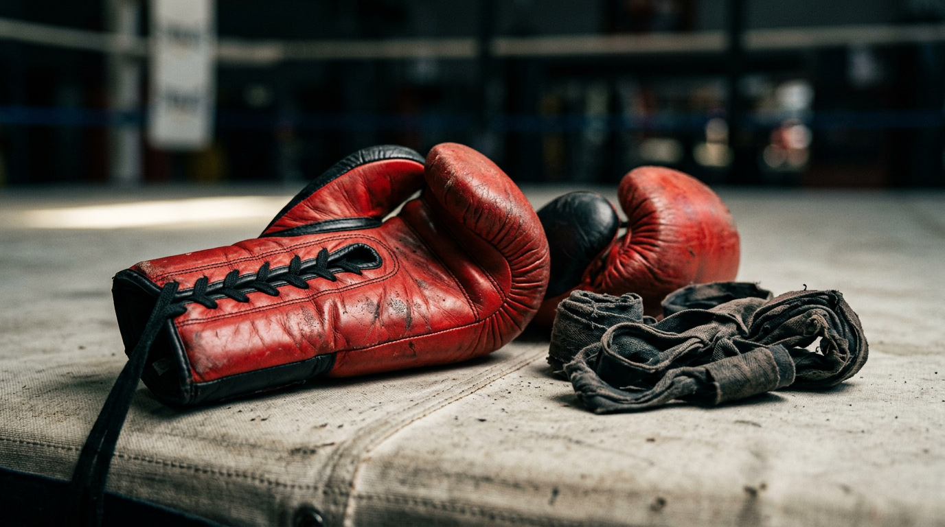 Red and black boxing gloves on a ring canvas with hand wraps beside them