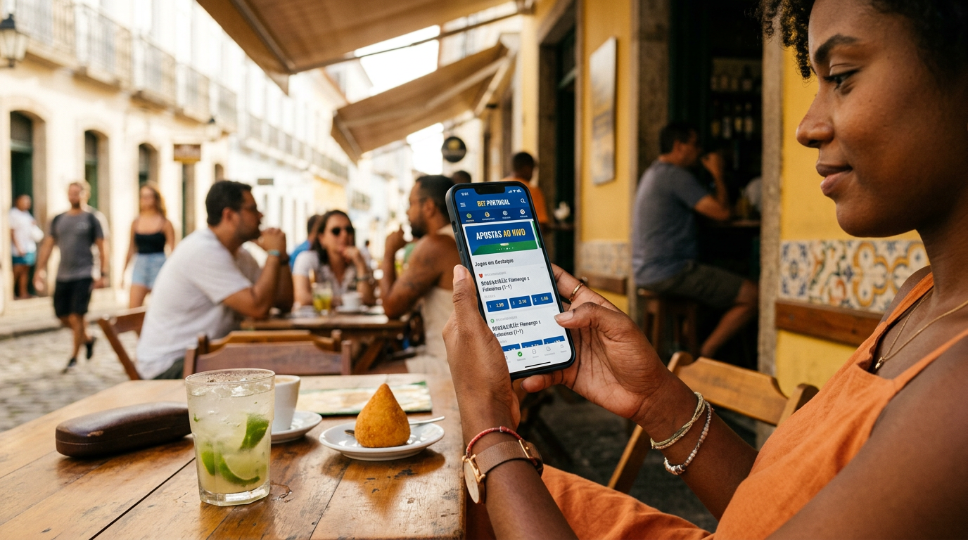 Brazilian person at a cafe using a Portuguese sports betting app on a phone