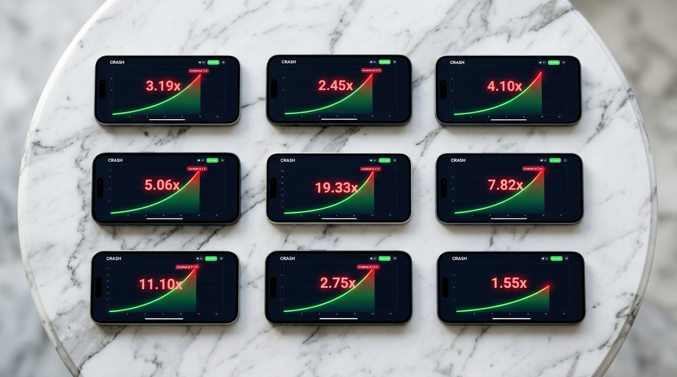 Multiple smartphones showing different crash-game multiplier curves in green and red