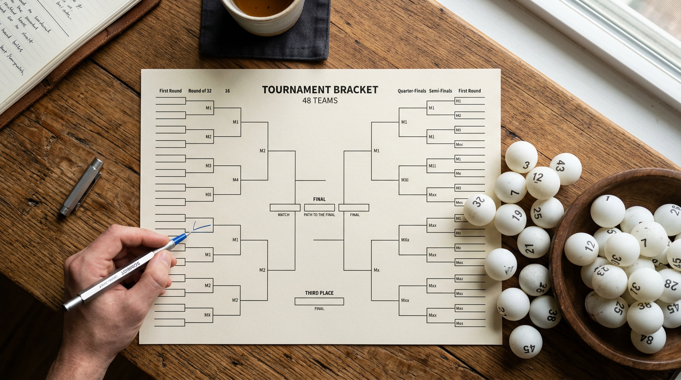 Empty 48-team World Cup bracket on paper with pen and scattered draw balls