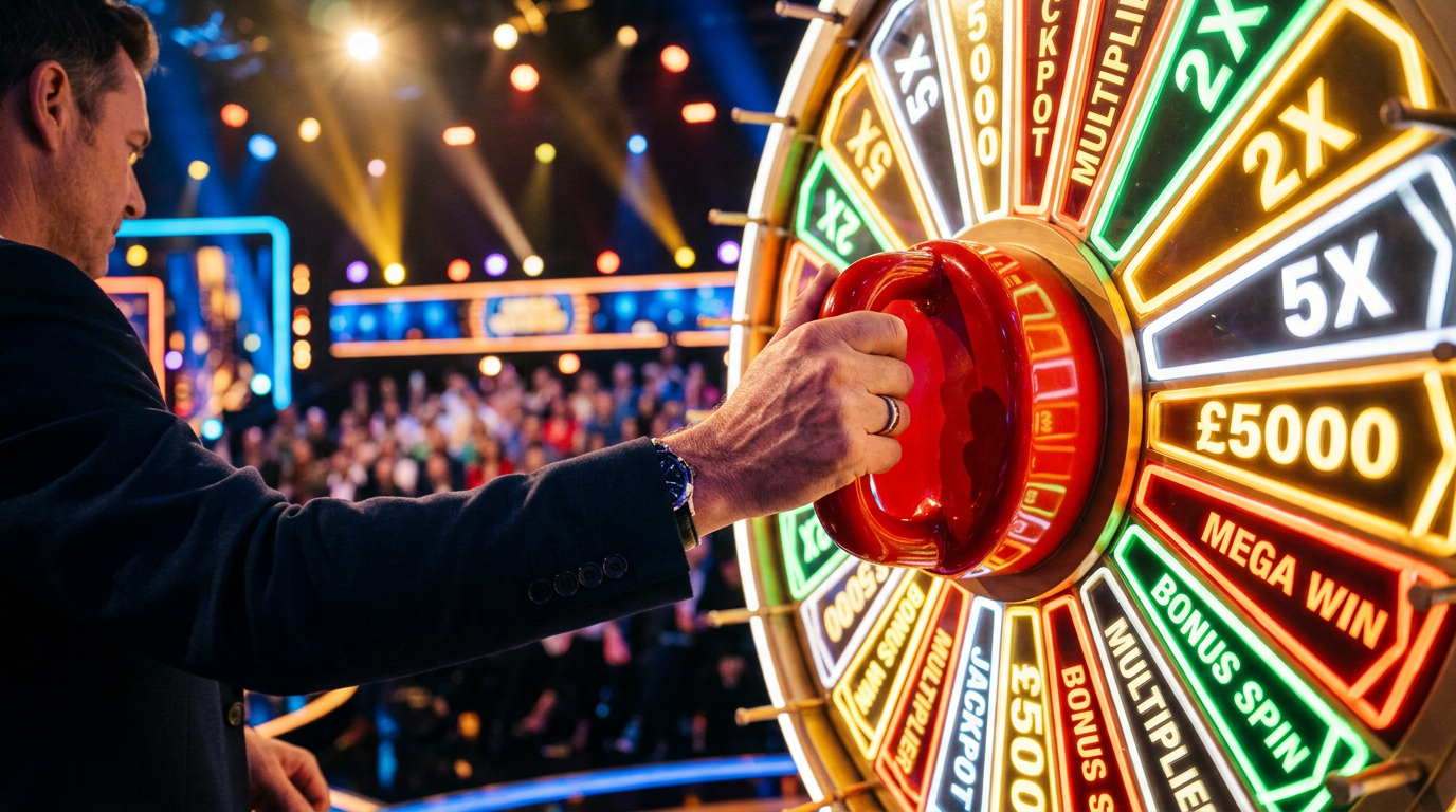 Hand pulling a red lever on a live game-show wheel with glowing multipliers