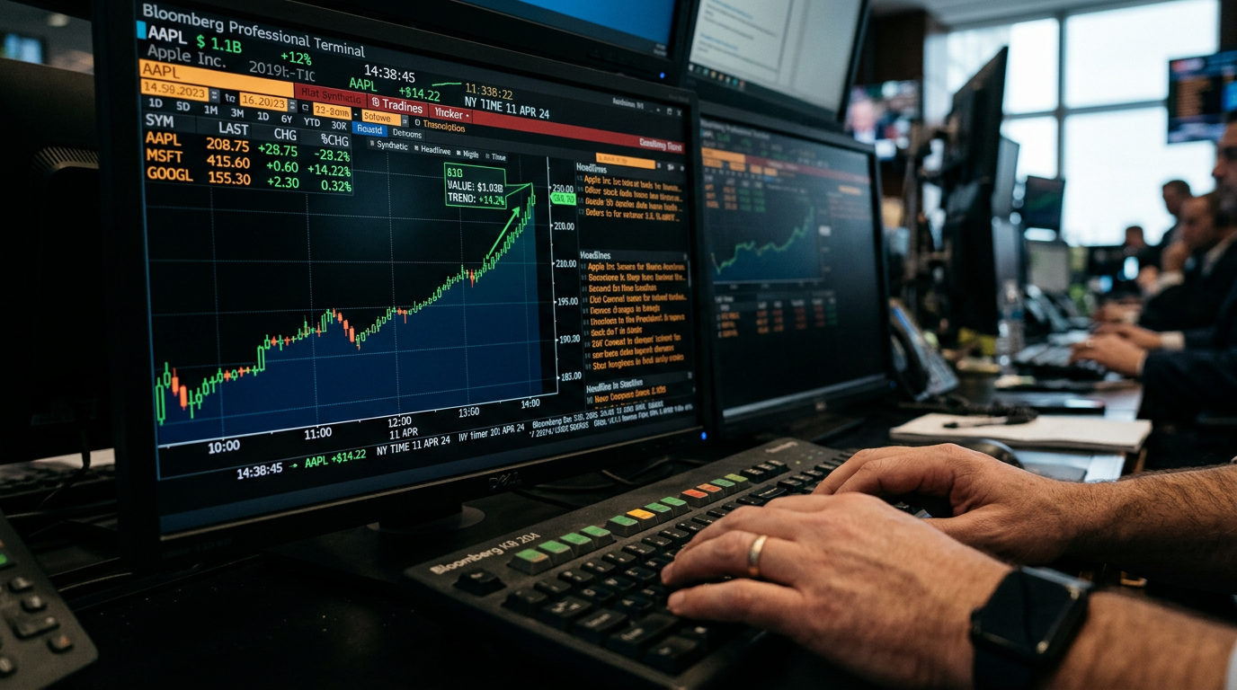 Trading terminal with rising green charts and a one-billion-dollar figure