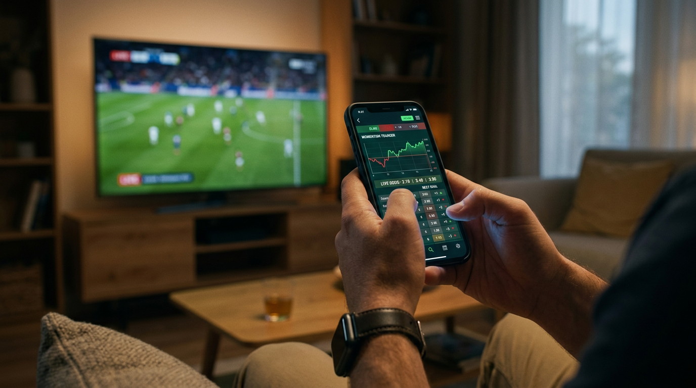 Phone showing in-play football betting with momentum graphs near a TV match