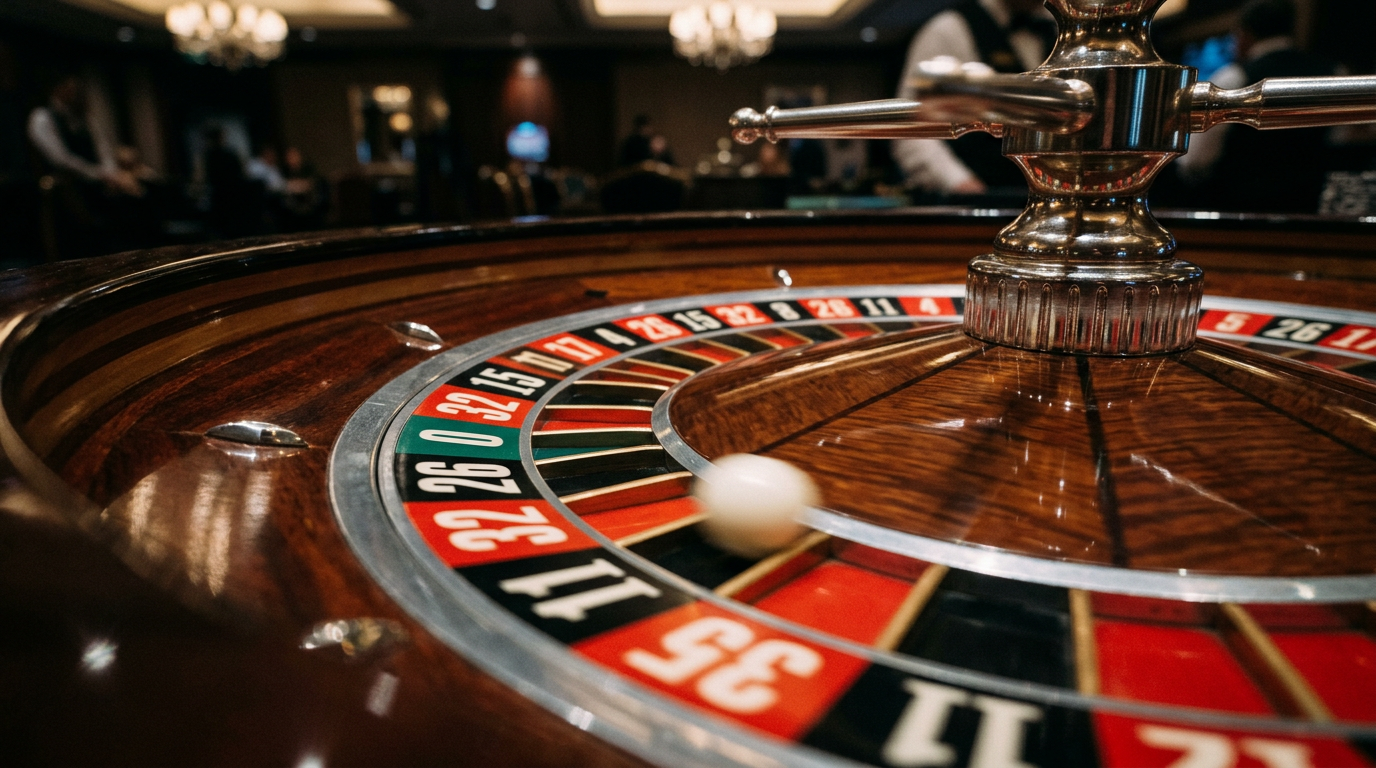 Close-up of a roulette wheel mid-spin with the white ball blurred in motion