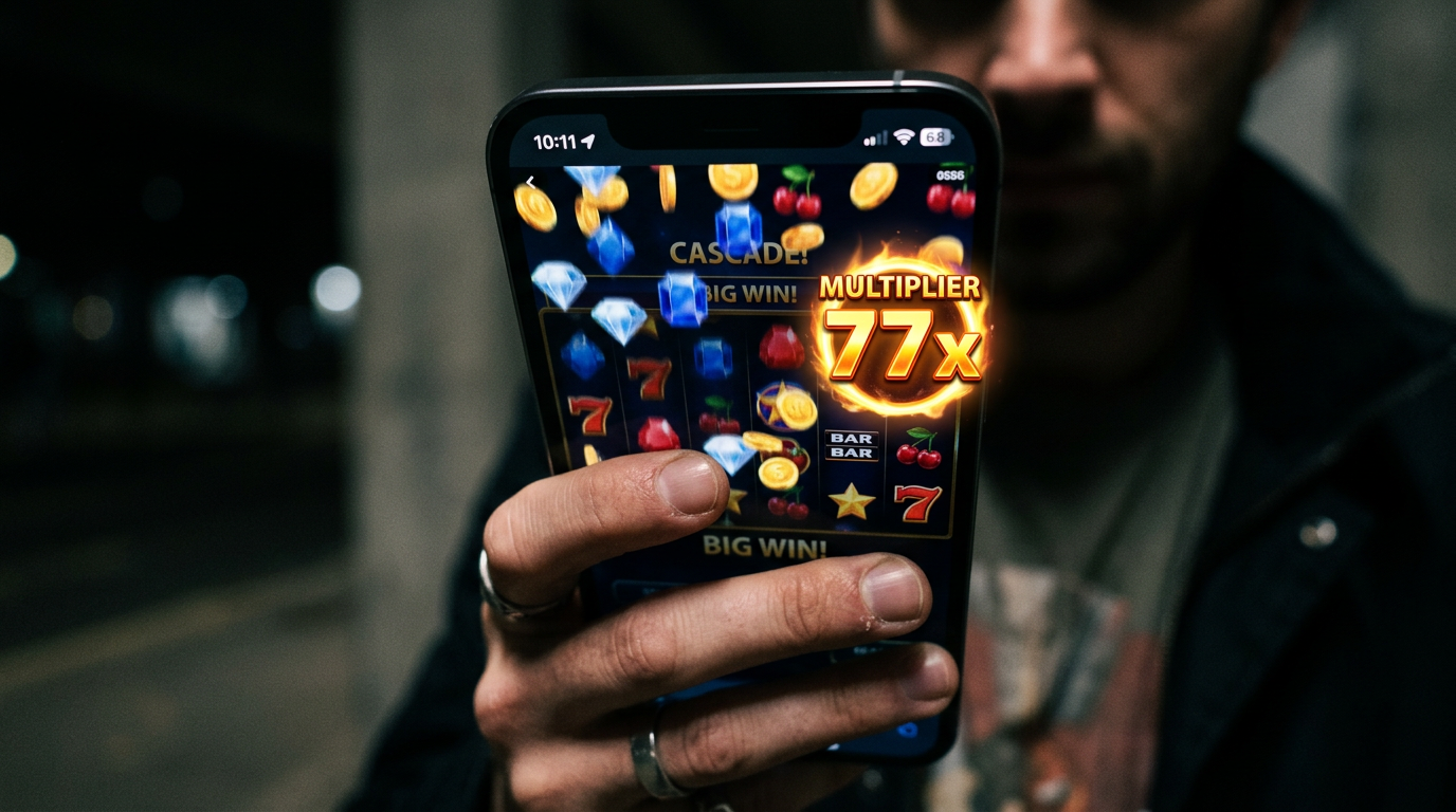 Smartphone showing cascading slot symbols mid-drop with a glowing multiplier