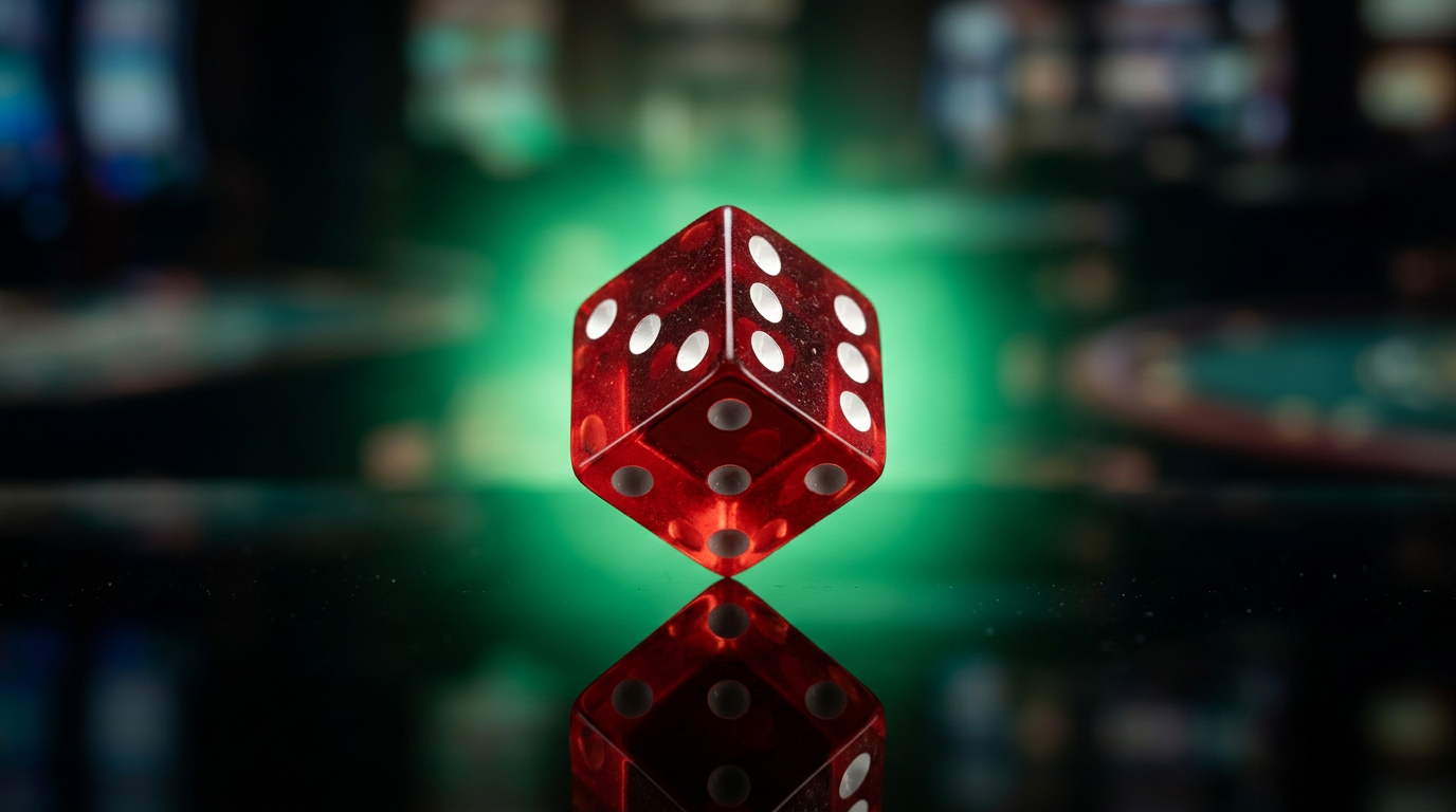 Red casino die balanced on its corner on a reflective black surface