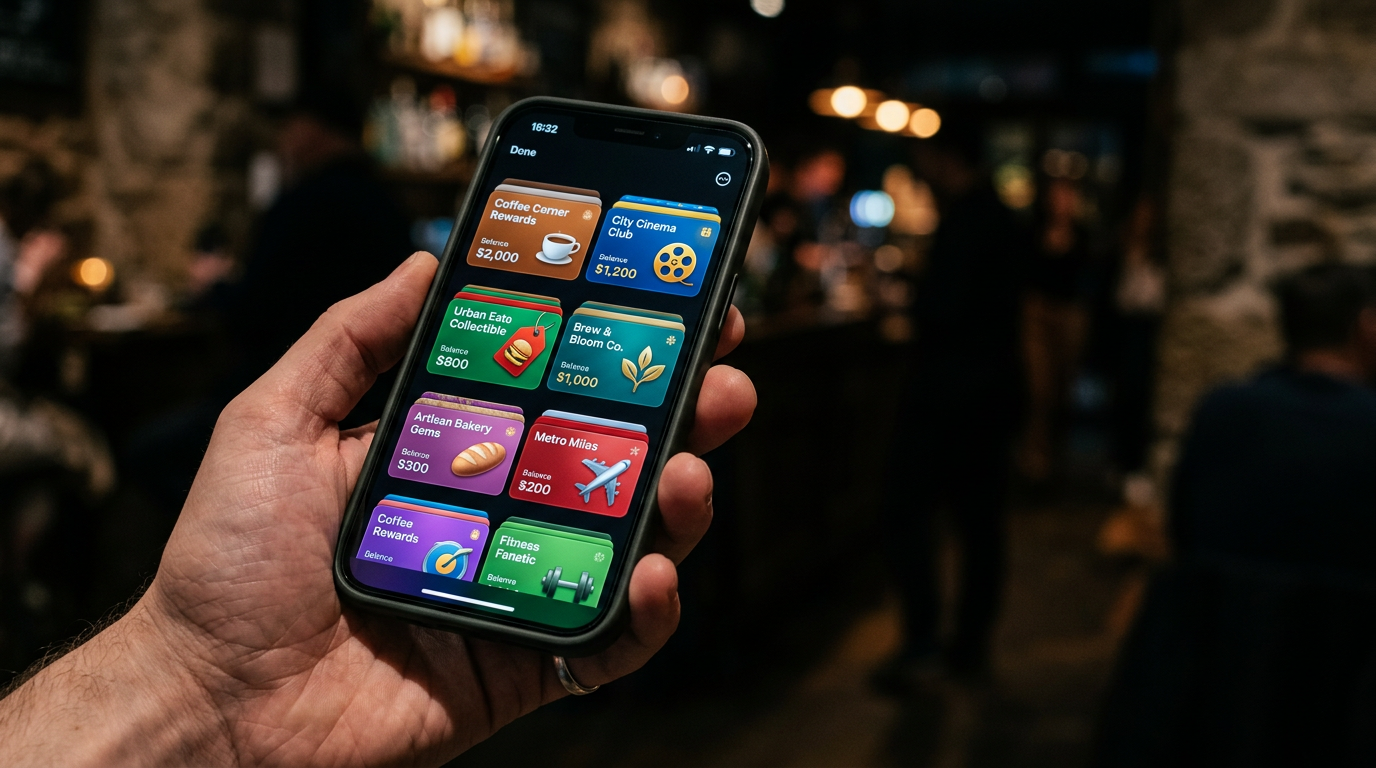Smartphone showing a digital wallet interface with rows of colourful NFT collectible reward cards.