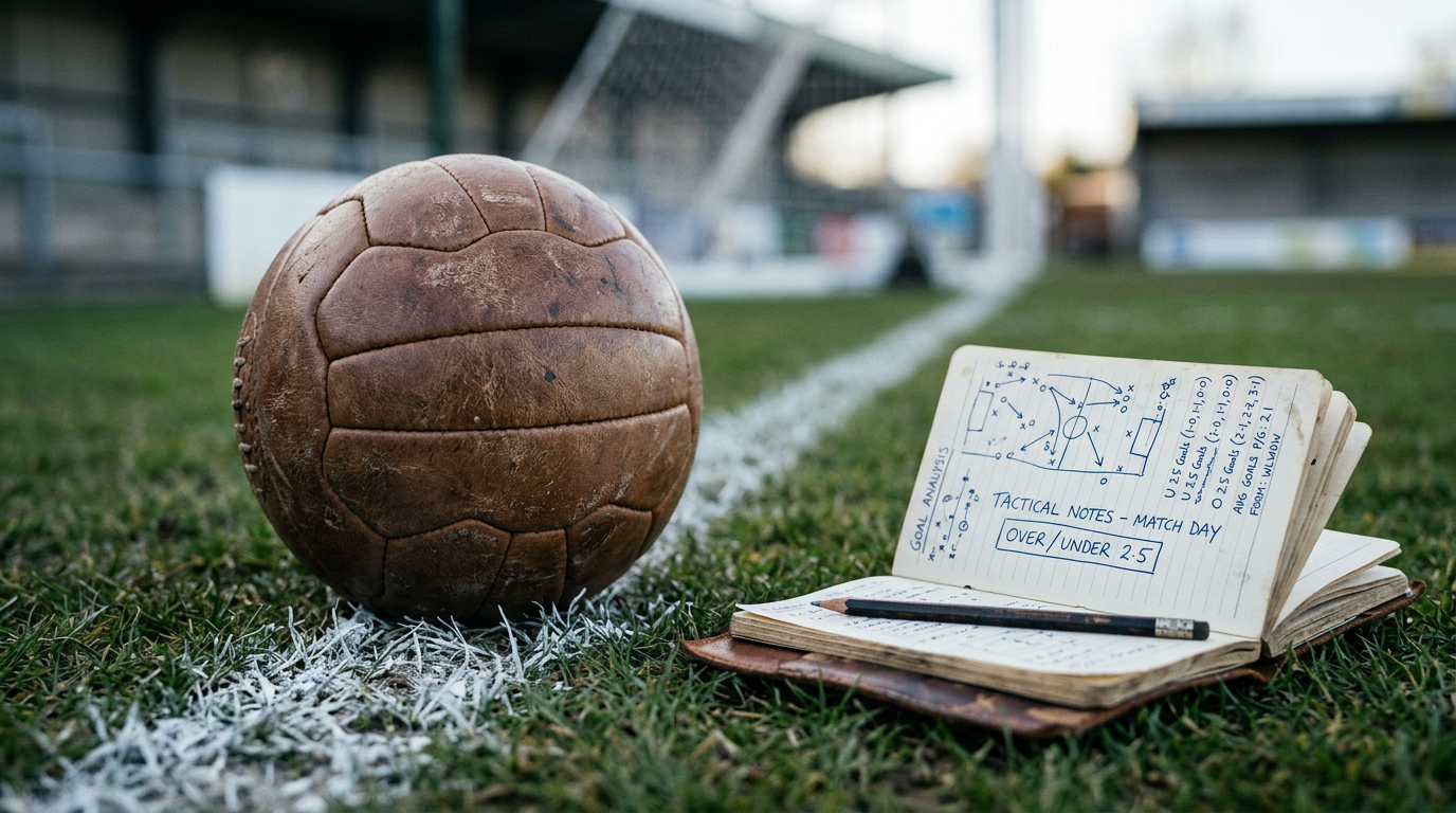 Football on a chalk goal-line with a notebook of Over/Under 2.5 notes