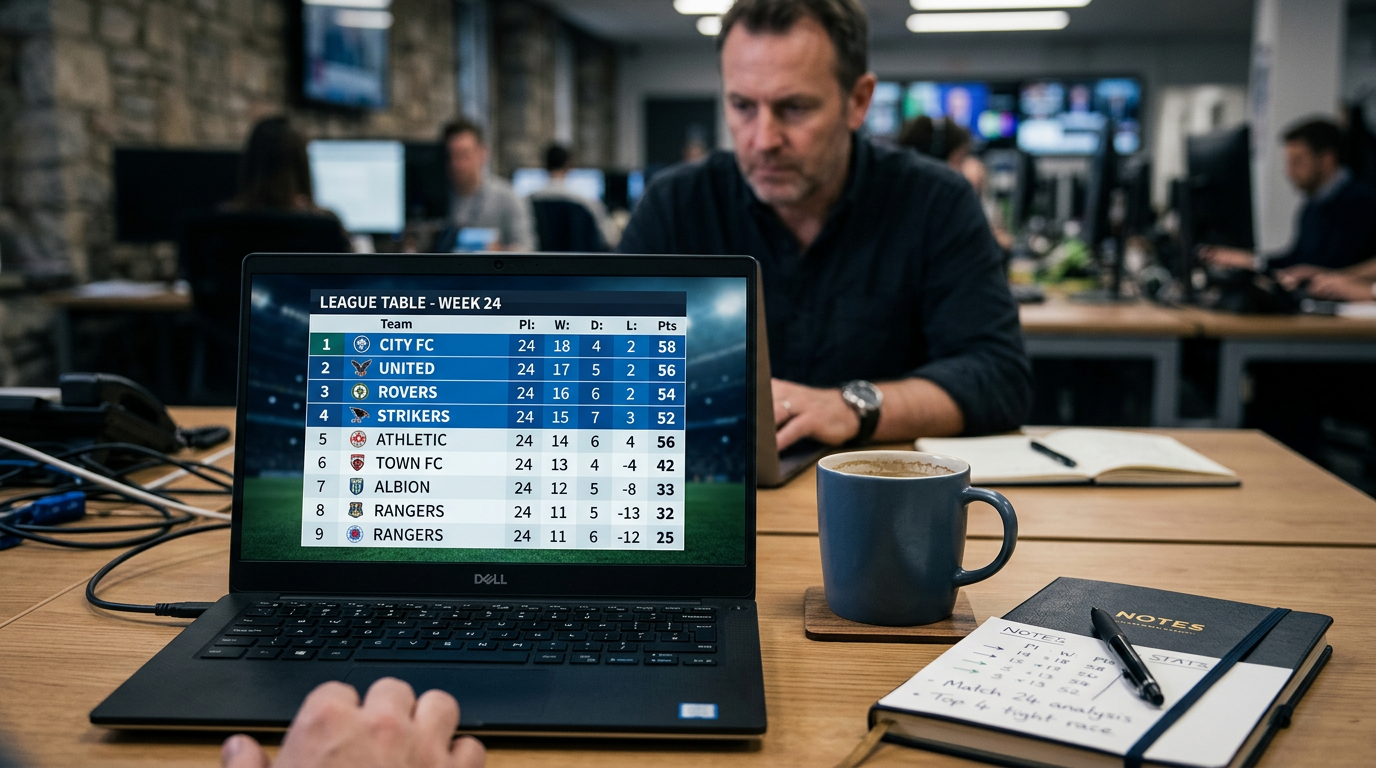 Laptop showing a Premier League table with the top four English teams highlighted