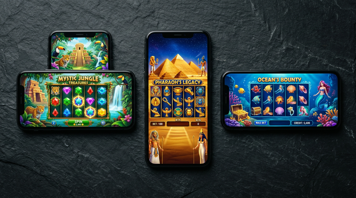 Three smartphones each showing a different upcoming Q2 2026 slot game