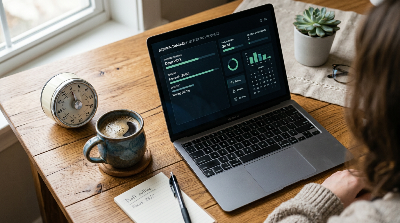Desk with kitchen timer and laptop showing a session-time tracking dashboard