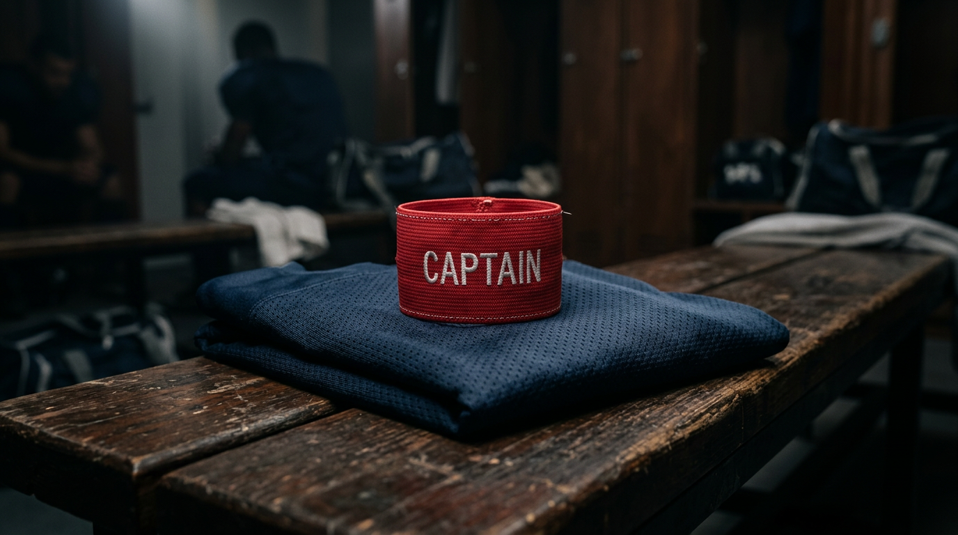 Red captain's armband on a folded football jersey in a dim locker room