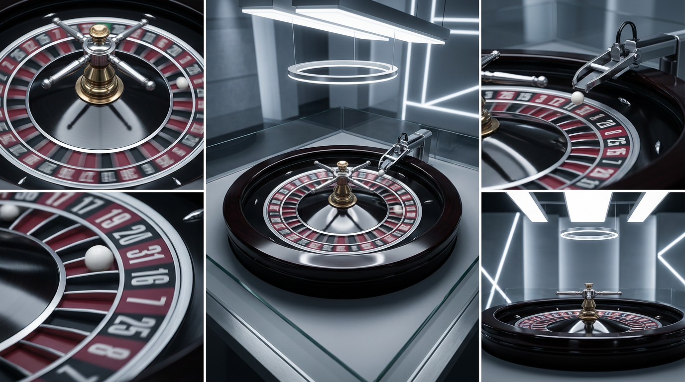 High-speed automated roulette wheel in a minimalist studio with no dealer