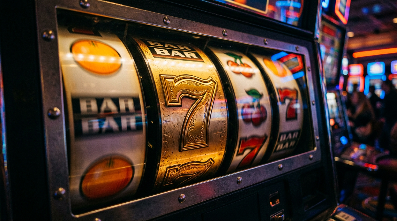Macro close-up of a glowing golden seven slot symbol with motion blur of spinning reels behind it.