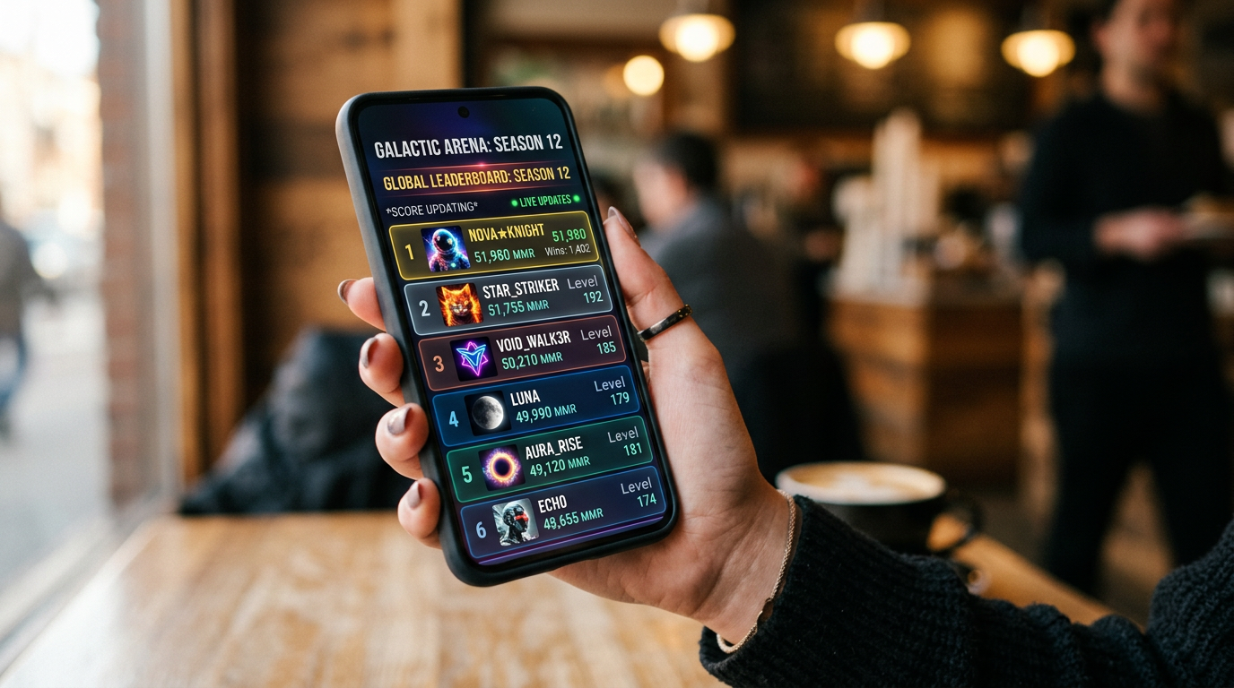 Smartphone showing a multiplayer mini-game leaderboard with avatars and scores