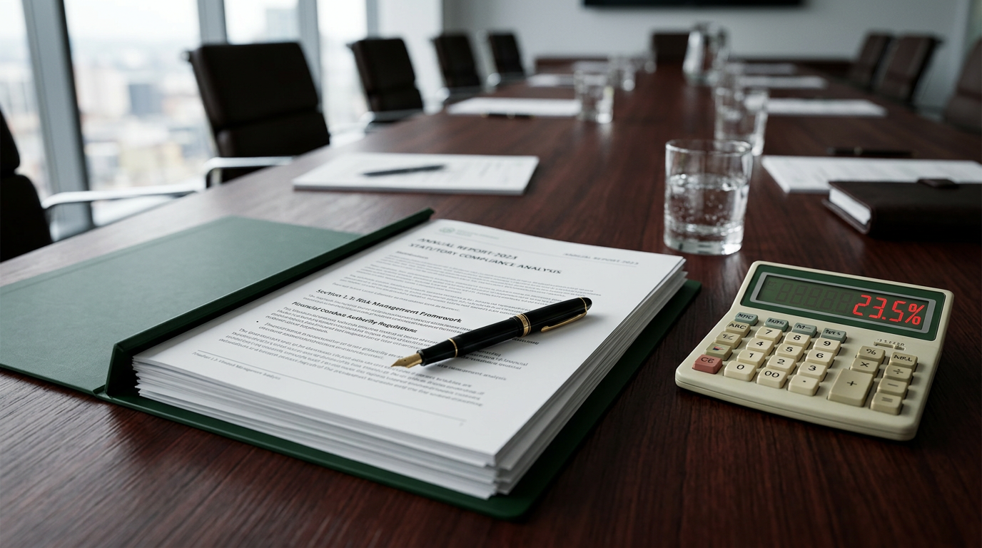 UK regulatory documents, a fountain pen and a calculator on a boardroom table