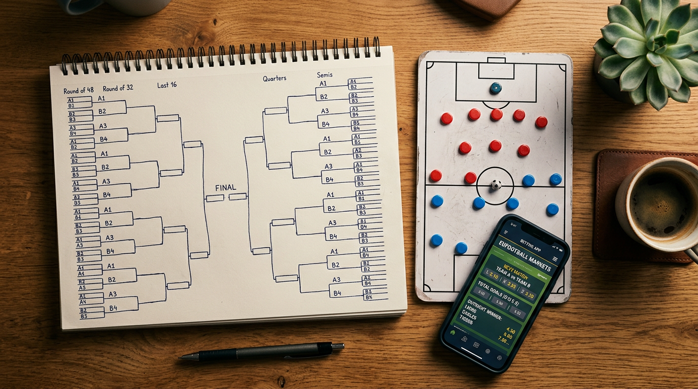 Notebook with 48-team World Cup bracket and phone showing betting markets